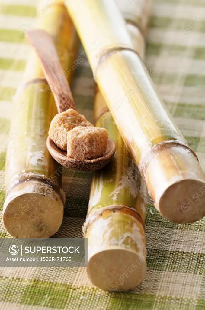 Cubes of raw sugar on a wooden spoon