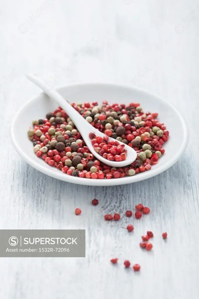 Assorted peppercorns on a plate with a spoon