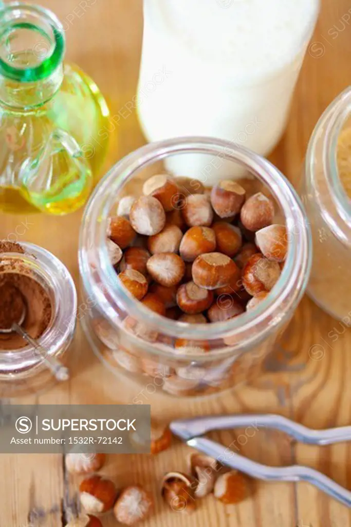 Ingredients for chocolate & hazelnut spread: hazelnuts, olive oil, cocoa powder, brown sugar and milk
