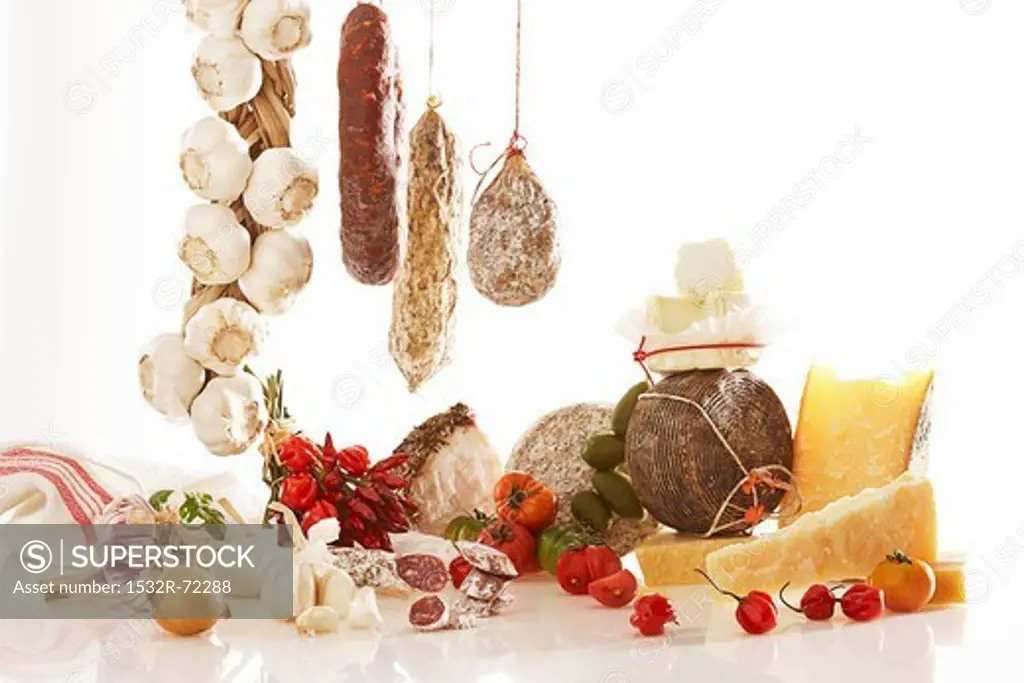 A still life featuring Italian sausage and cheese varieties