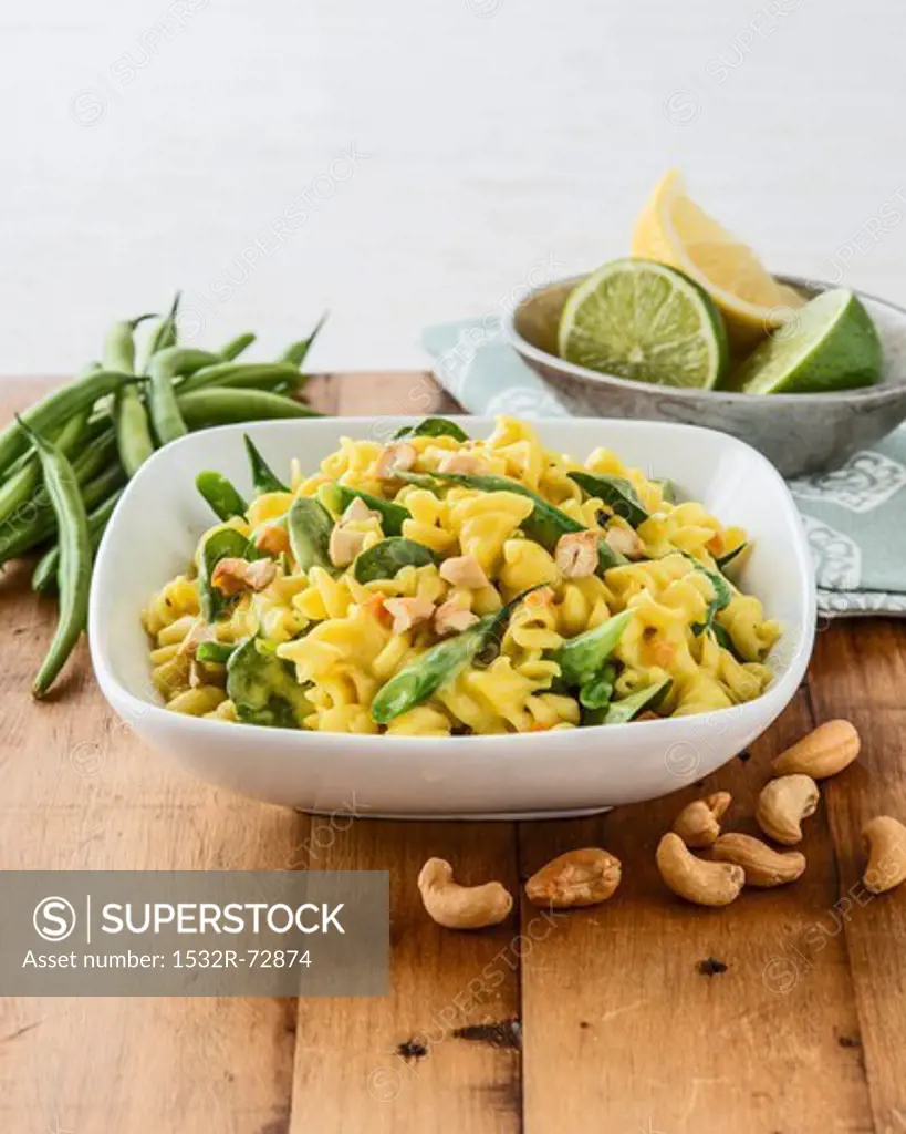 Fusilli with green beans, baby spinach and cashew nuts