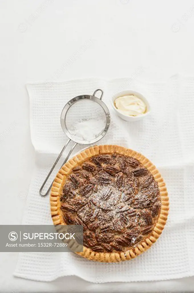 Pecan pie with icing sugar (view from above)