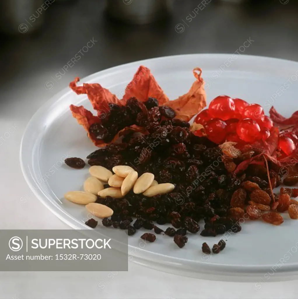 Glace cherries, currants, sultanas, almonds, raisins and leaf., 7/5/2013
