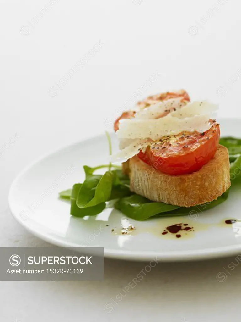 Grilled tomato on bruschetta with parmesan on a bed of spinach, 8/2/2013