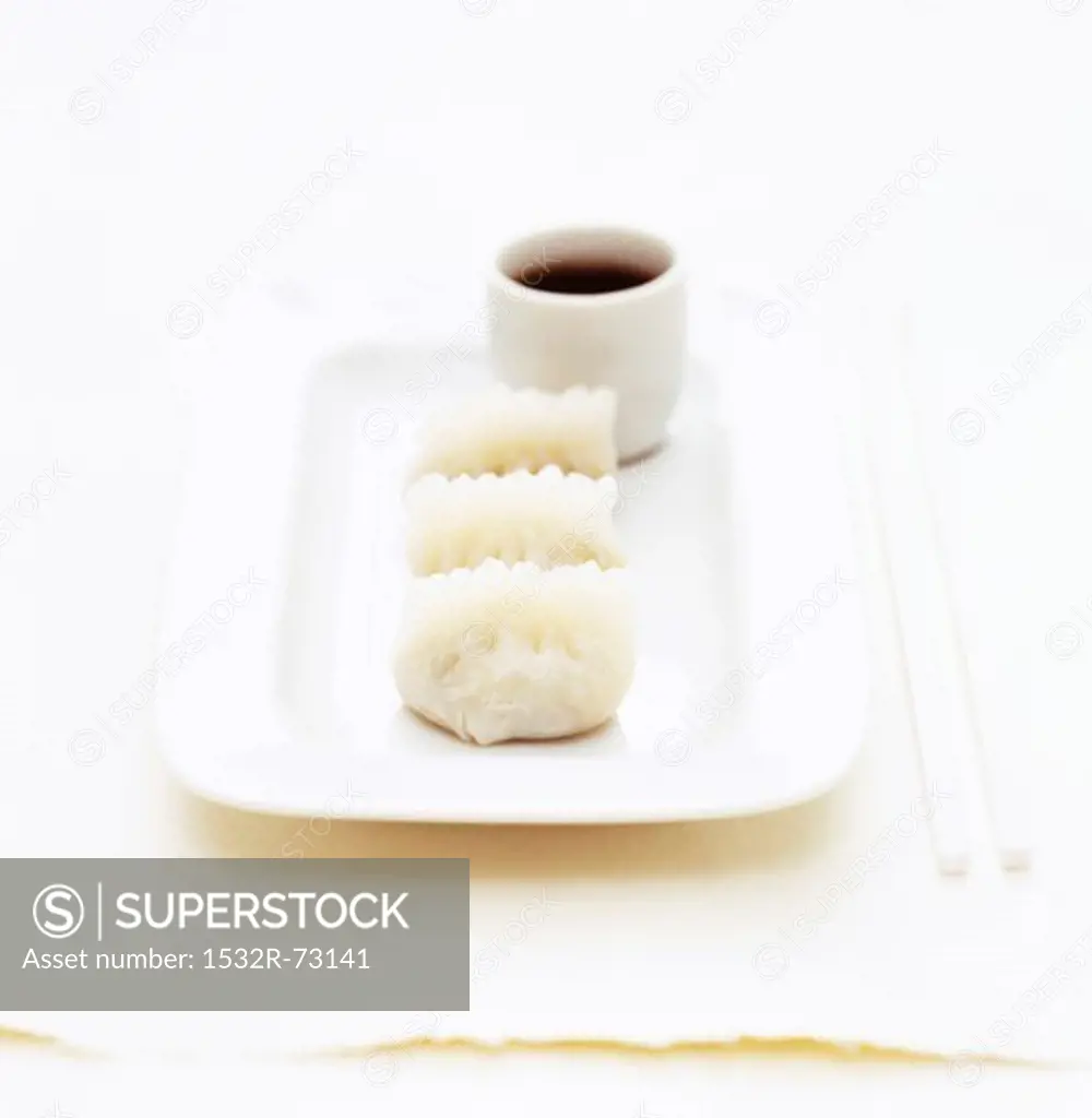 A white plate of three dumplings with a white ramekin of soy sauce dip, 8/2/2013