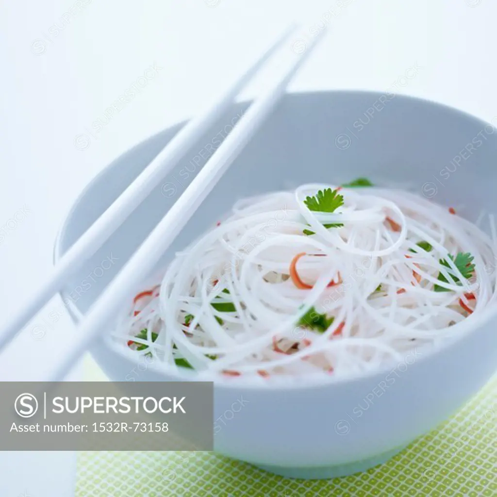 Glass noodles with chilli and coriander in a white bowl, 8/2/2013