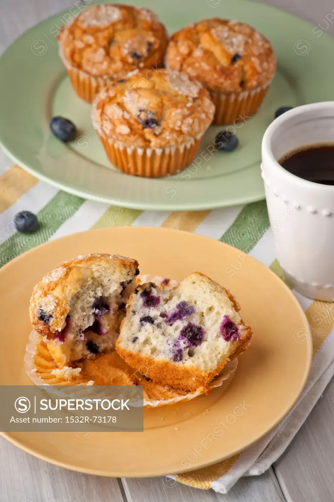 Halved Blueberry Muffin on a Yellow Plate with a Cup of Coffee, 8/8/2013
