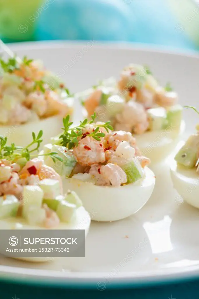 Stuffed eggs with cucumber, prawns and cress, 8/13/2013