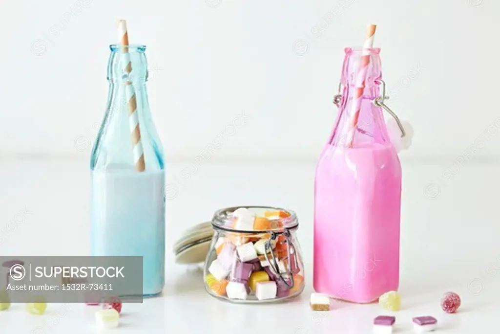Strawberry shakes in two bottles, and dolly mixtures, 8/13/2013