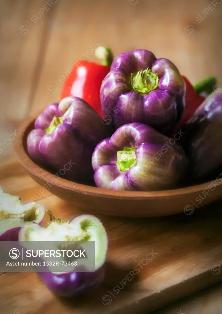 Purple and Red Bell Peppers in a Wooden Bowl, 8/19/2013