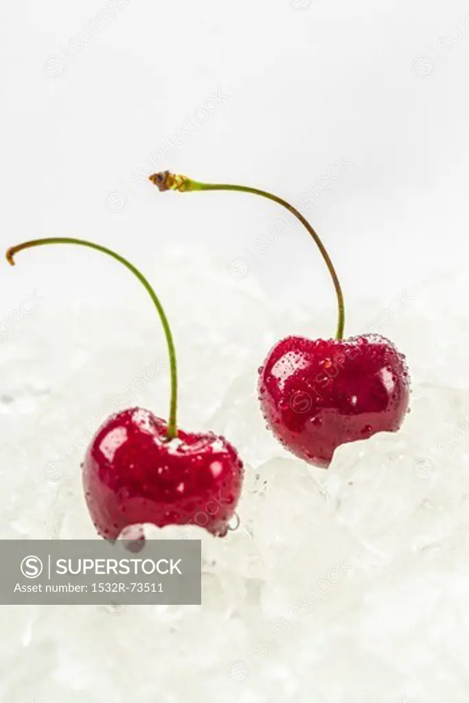Two cherries with water droplets on ice, 8/21/2013