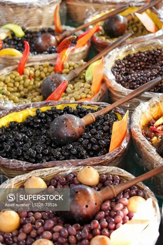 Olives in baskets at the market, 8/21/2013