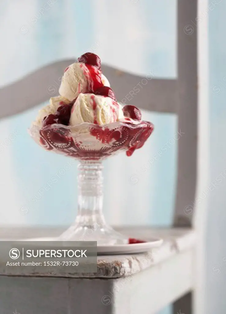 An ice cream sundae with vanilla ice cream and hot cherries, 8/23/2013