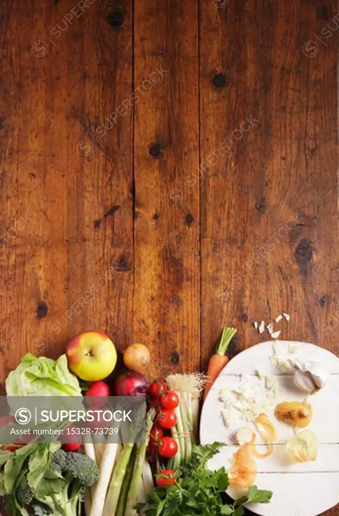 Vegetables and fruit on a wooden slab, 8/23/2013