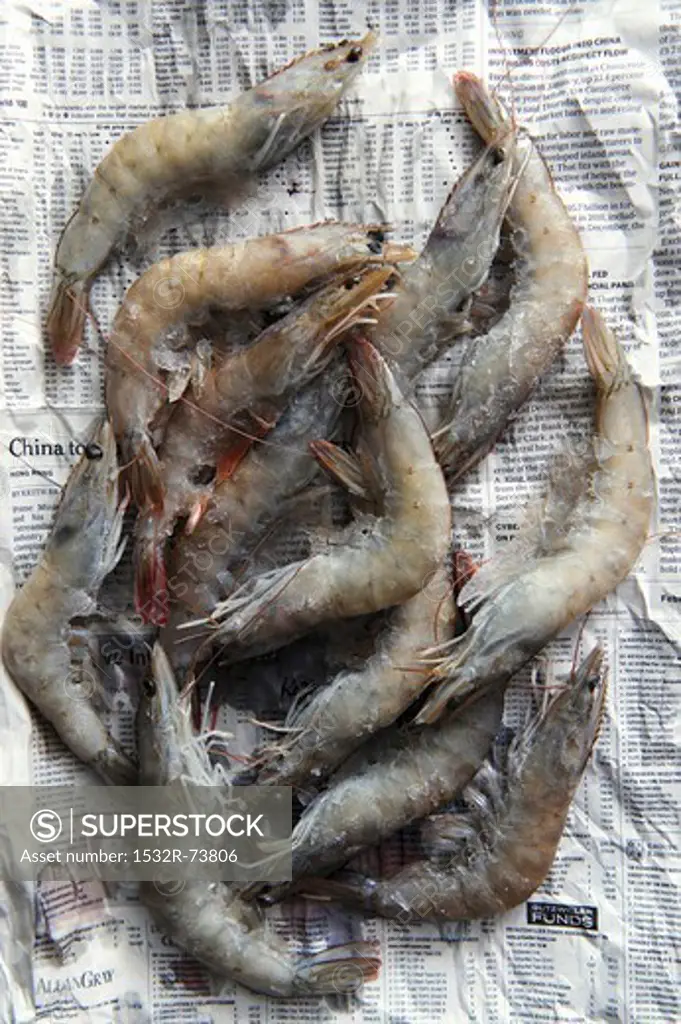 Fresh raw prawns on newspaper (view from above), 8/26/2013