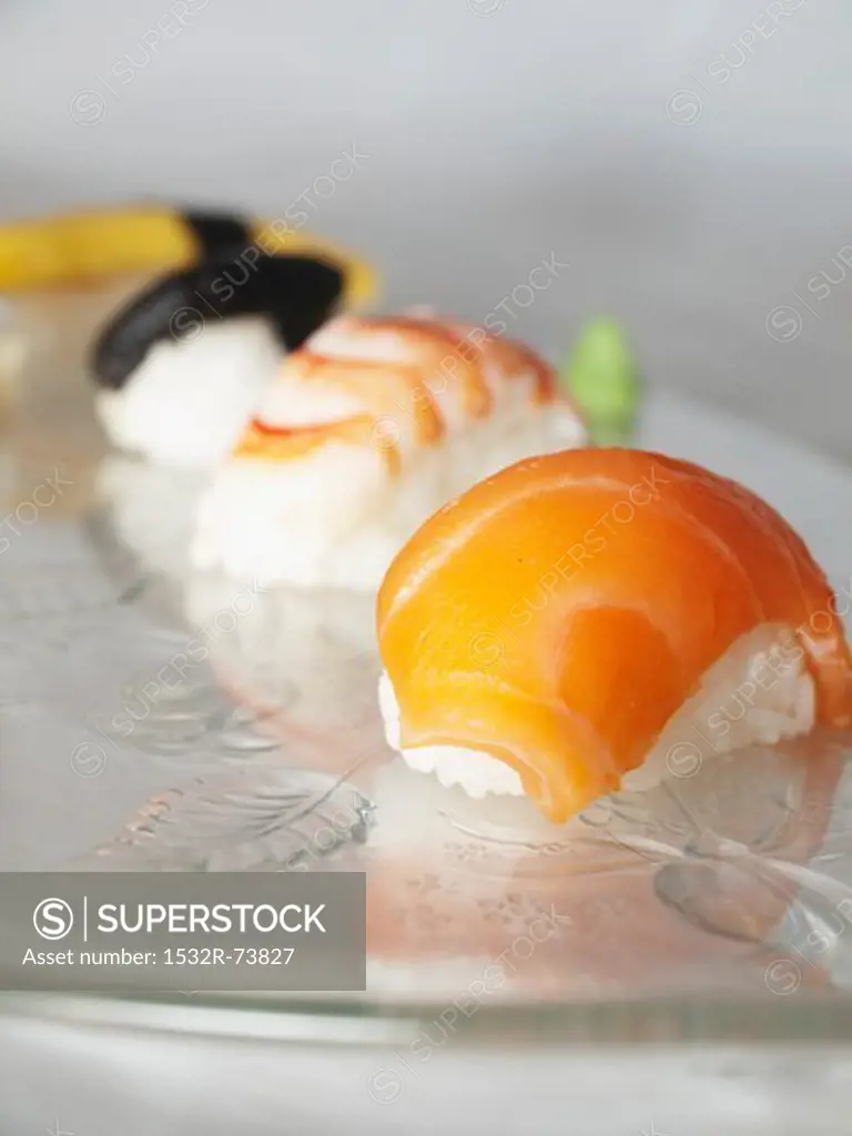 Assorted sushi (prawn, salmon, egg, unagi, shiitake), 8/26/2013