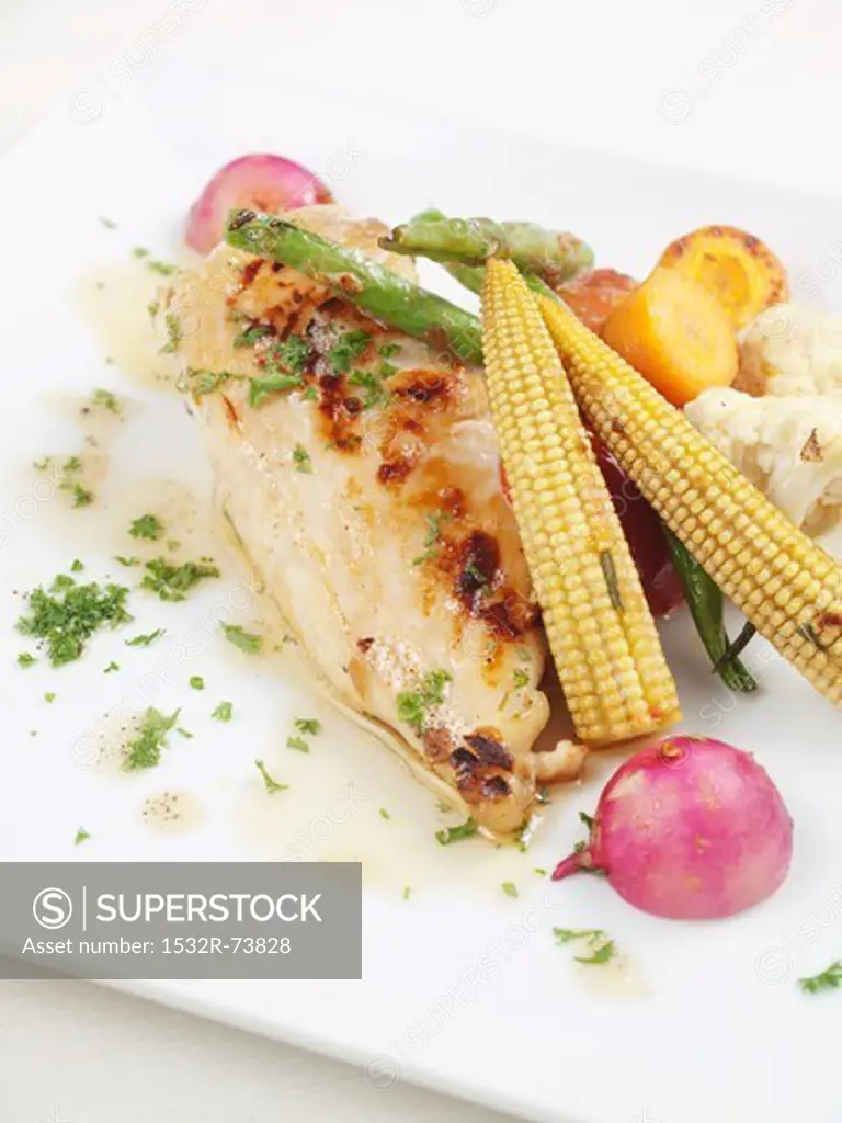 Grilled chicken breast with butter sauce and baby sweetcorn, 8/26/2013