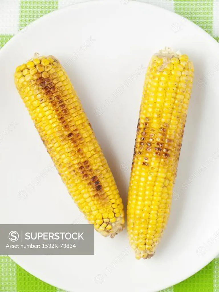 Two barbecued corn cobs on a plate (view from above), 8/26/2013