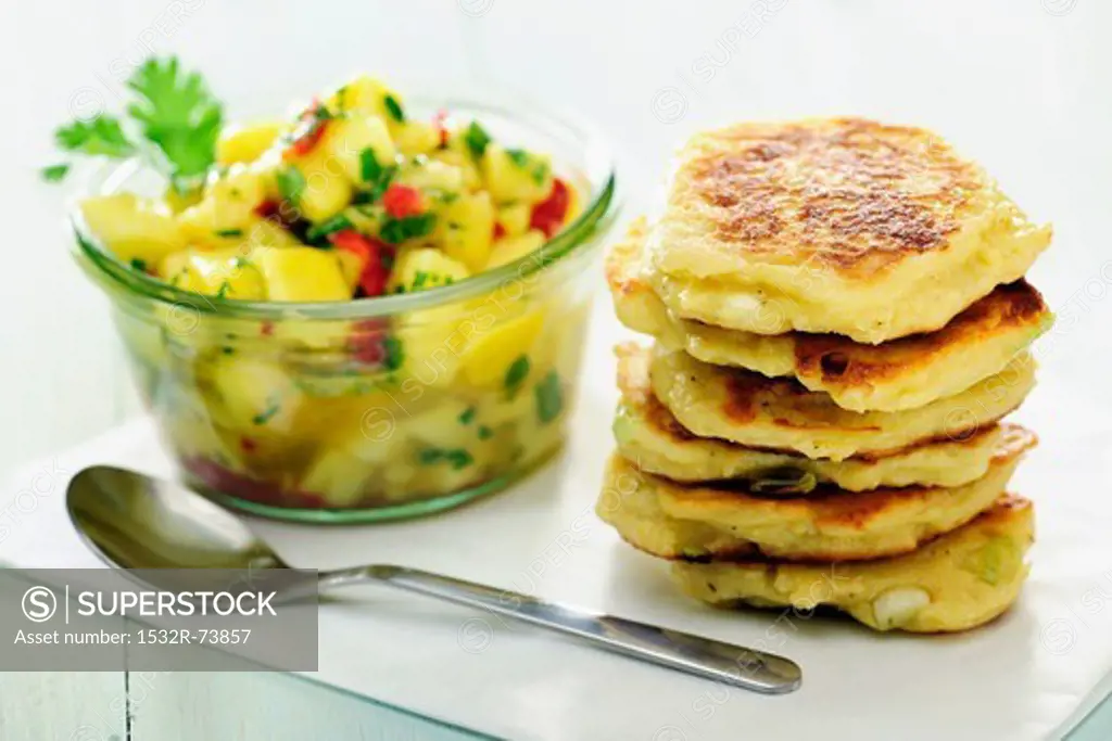 Quark and spring onion pancakes with mango chutney, 8/29/2013