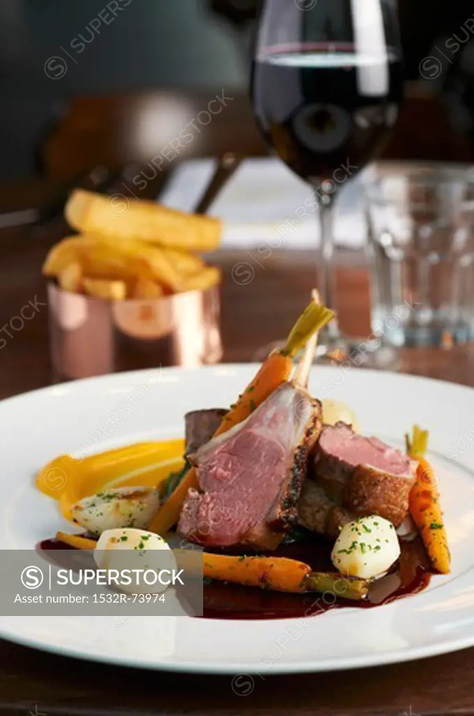Roast lamb with carrots, chips, a glass of red wine, 9/2/2013