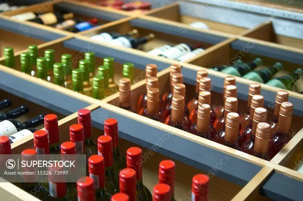 Assorted bottles of wine in wine shelves, 9/2/2013