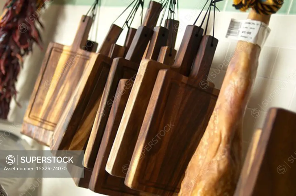 Chopping boards hanging up in a kitchen, 9/2/2013
