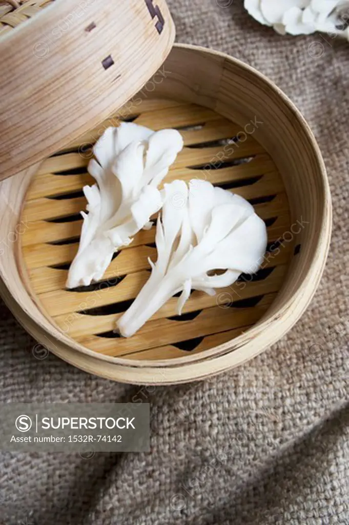 Oyster mushrooms in a bamboo steamer, 9/3/2013