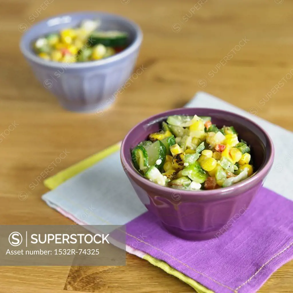 Grilled Corn Salad with Cucumbers in a Purple Bowl, 9/18/2013