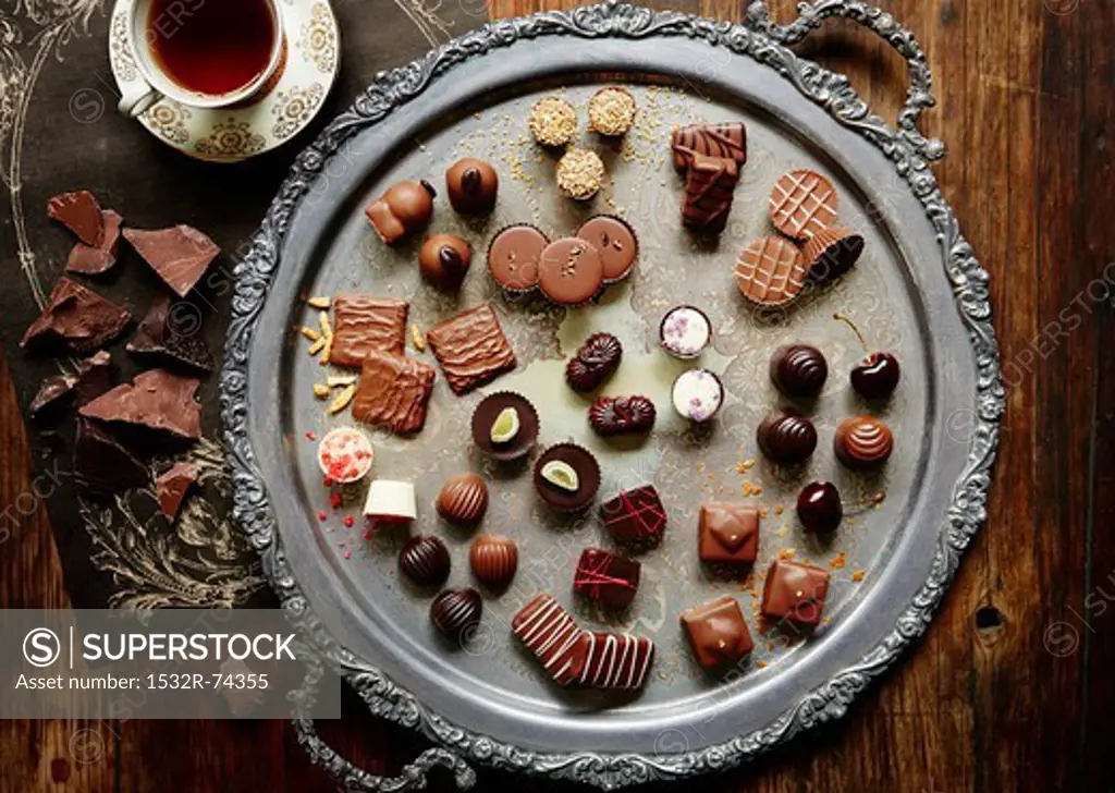 Assorted filled chocolates on an antique tray, 9/9/2013