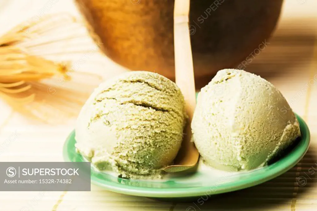 Two scoops of home-made green tea ice cream with Japanese matcha accessories, 9/9/2013