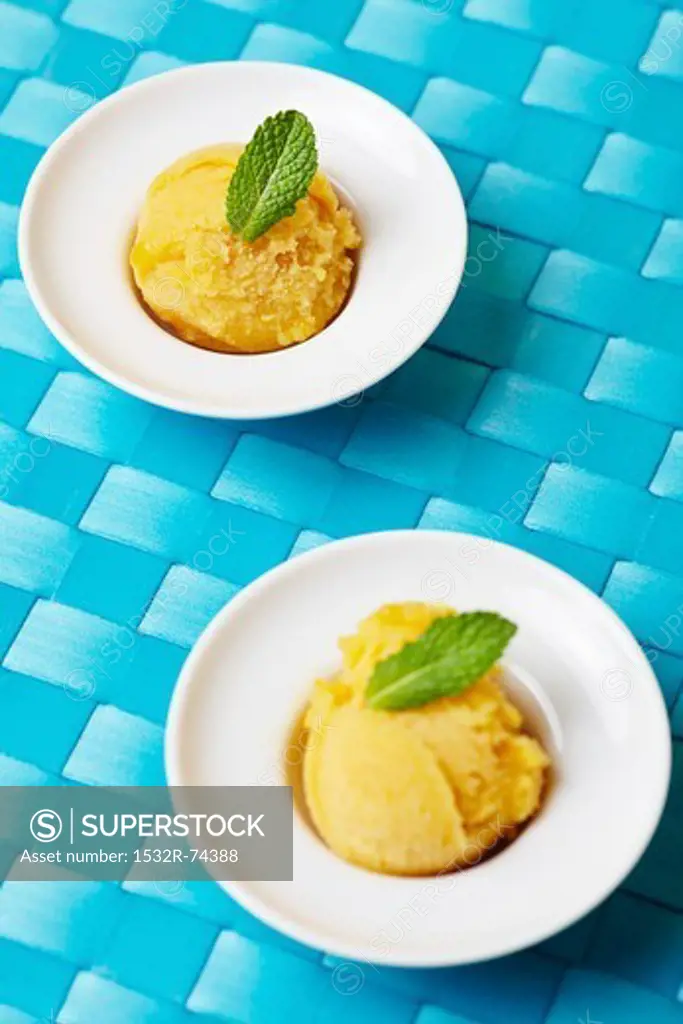 Two scoops of home-made mango sorbet with fresh mint, 9/9/2013