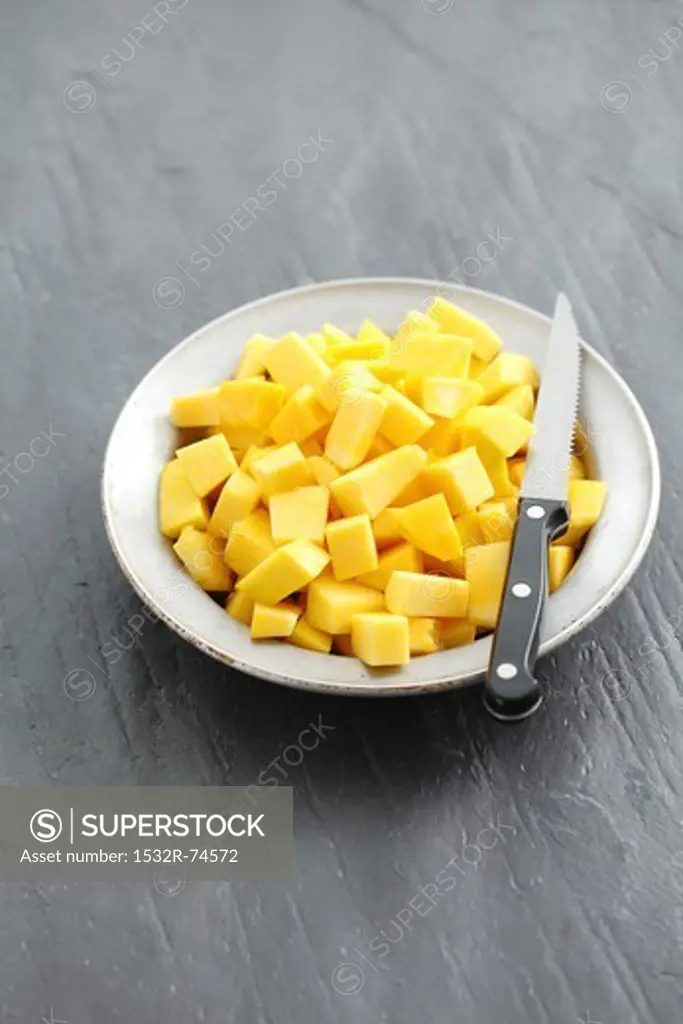 Diced squash on a plate with a knife, 9/12/2013