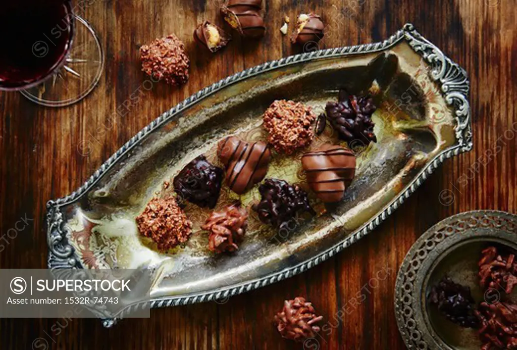 Assorted filled chocolates on an antique tray, 9/16/2013