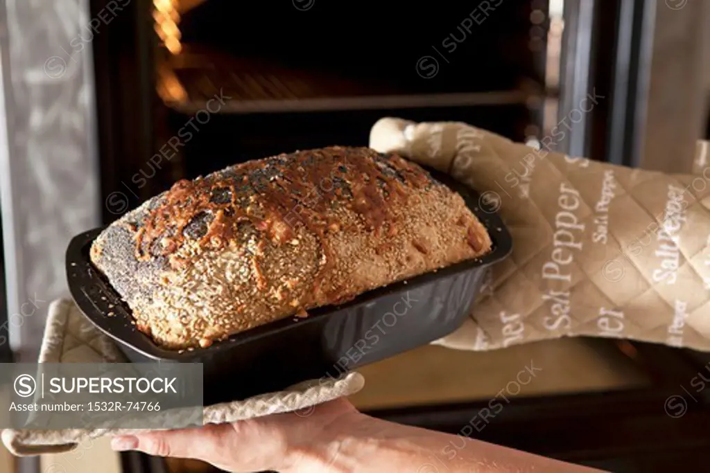 Hands holding a loaf tin with freshly baked wholemeal bread, 9/16/2013