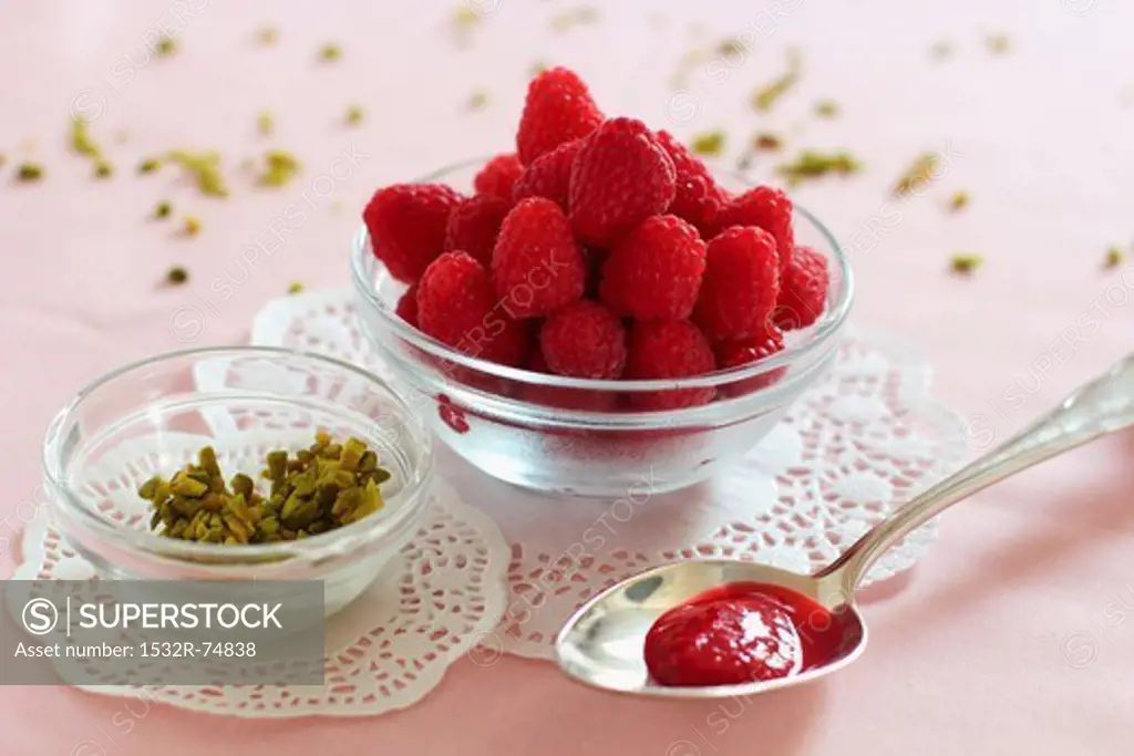 A spoon of raspberry and rose jam, chopped pistachios and fresh raspberries, 9/19/2013