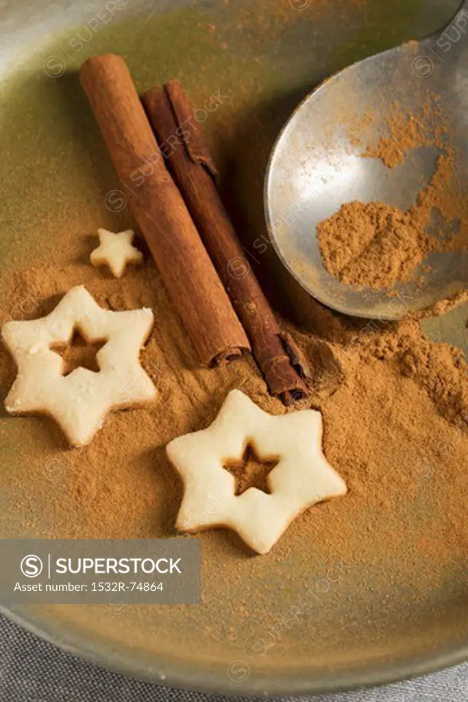 Star-shaped biscuits, ground cinnamon, cinnamon sticks and a spoon, 9/19/2013