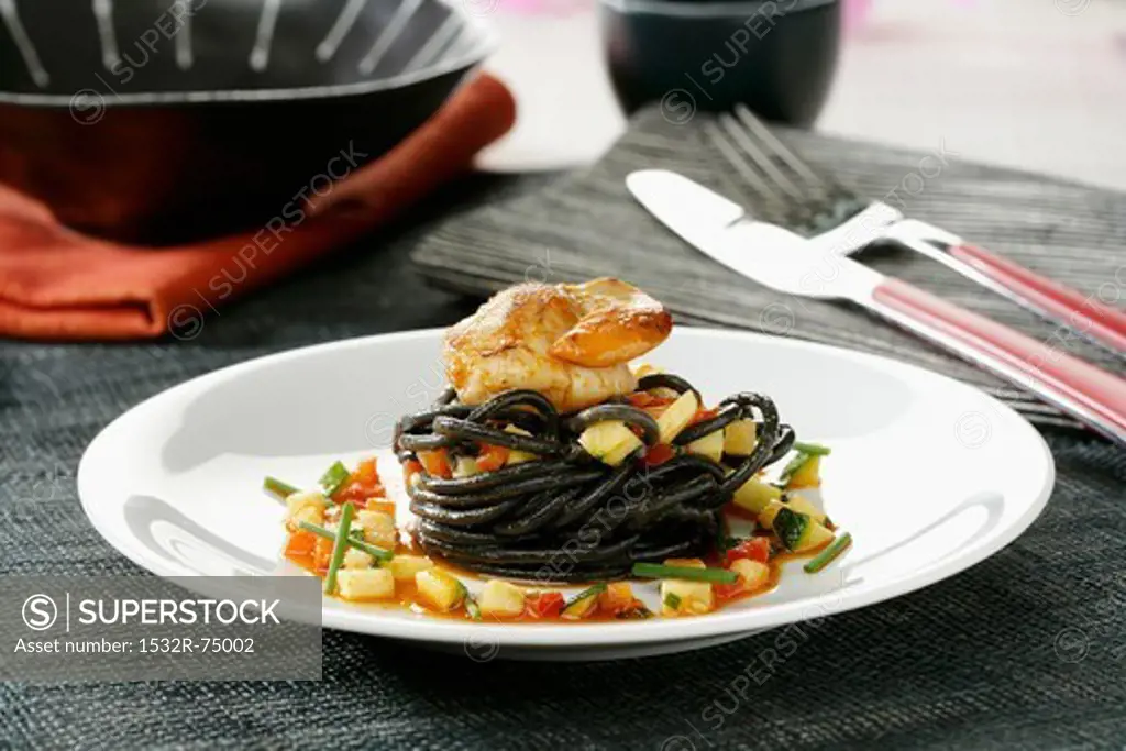 Black spaghetti with scallops, vegetables and sobrasada, 9/24/2013