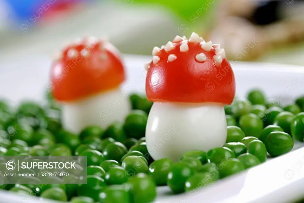Fly agaric mushrooms made of egg and tomato, with peas, 10/3/2013