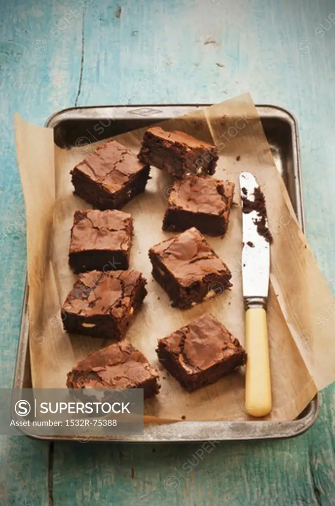Double chocolate brownies on a baking tray with a knife, 10/1/2013
