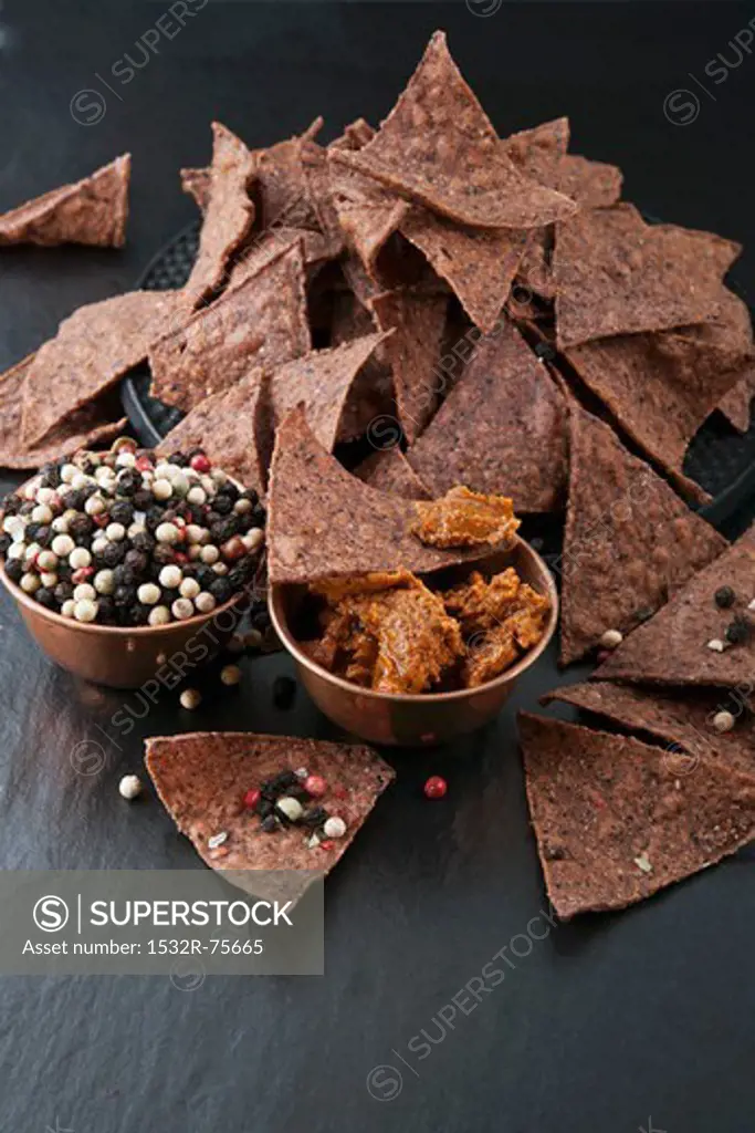 Tortilla chips with dip and peppercorns, 10/24/2013