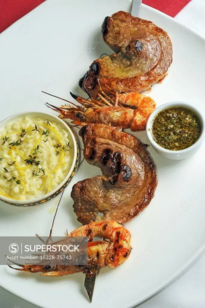 A skewer of barbecued beef and prawns, with lemon risotto, 10/24/2013