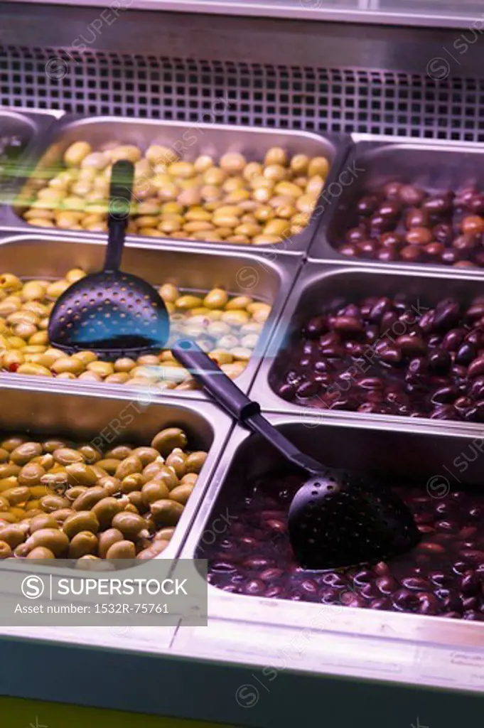 Preserved olives on display in the counter at a delicatessen, 11/1/2013