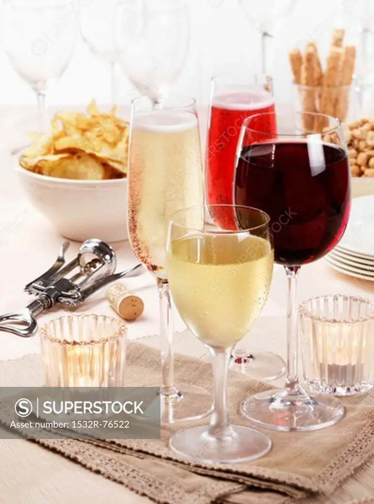 Assorted glasses of wine and sparkling wine, with party snacks, 11/12/2013