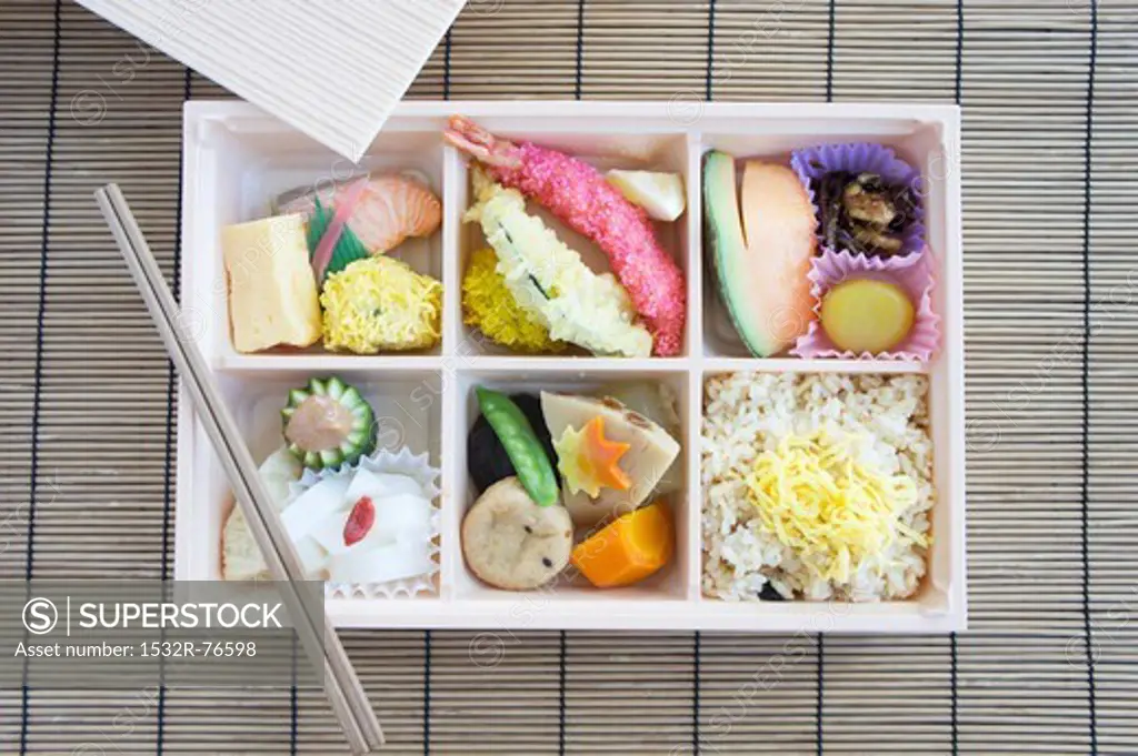 Bento box with fish, tempura, rice etc. (Japan), 11/16/2013
