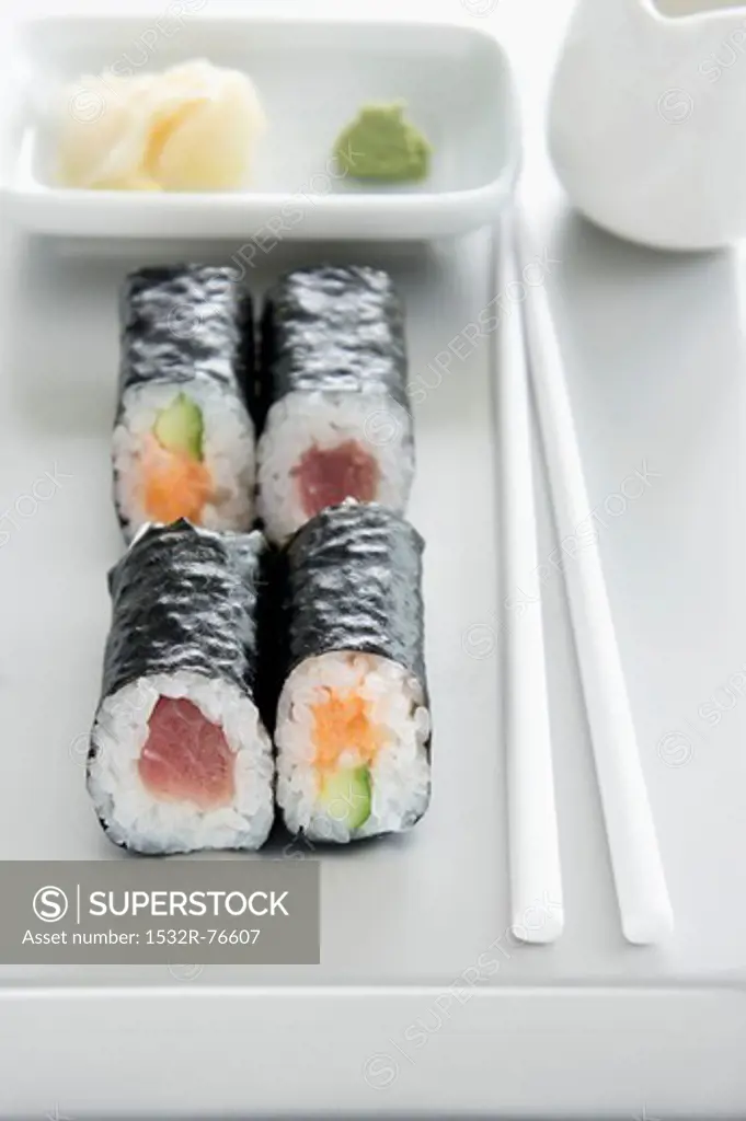 Maki sushi with tuna, salmon and cucumber, 11/16/2013