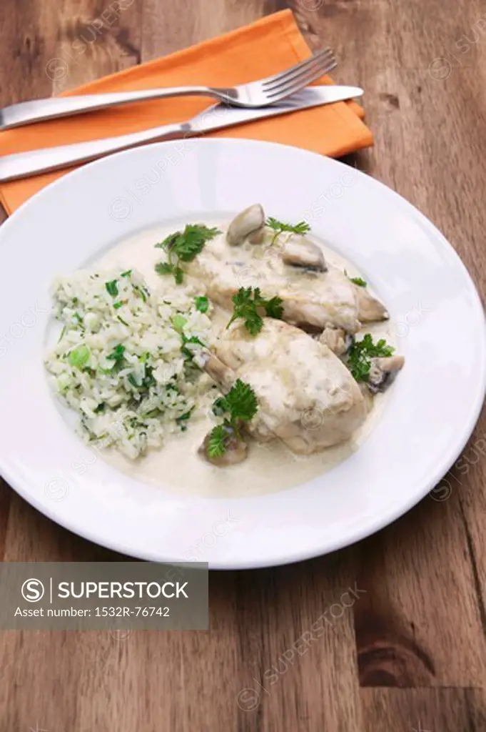 Corn-fed spring chicken breast in a creamy mushroom sauce with parsley and rice, 11/20/2013