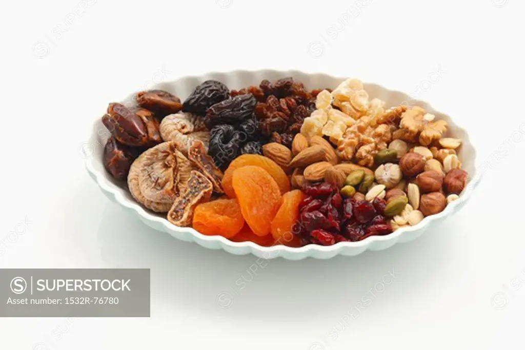 Assorted dried fruit and nuts on a plate, 11/29/2013