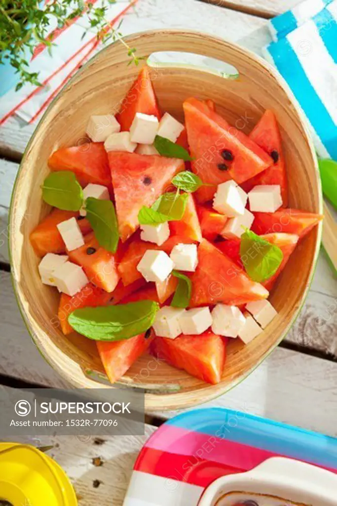 Watermelon salad with feta and mint for a summer picnic, 11/29/2013