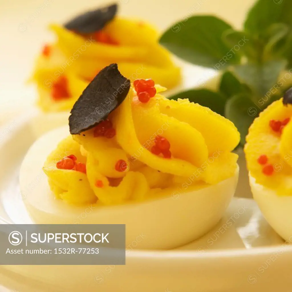 Deviled Eggs with Red Caviar and Truffle Mushroom Slices, 12/9/2013