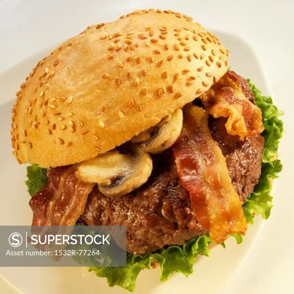 Hamburger with Bacon, Mushrooms and Lettuce on a Sesame Seed Bun, 12/9/2013